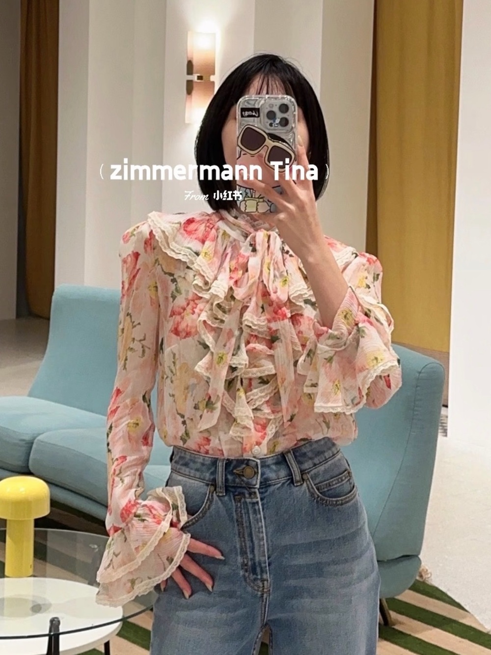 Zimmermann Pink Floral Ruffle Tie-Neck Blouse